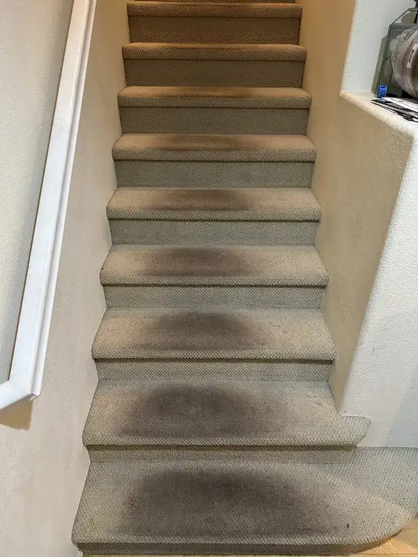 Beige loop-pile stairs before cleaning, dark traffic shading on each tread
