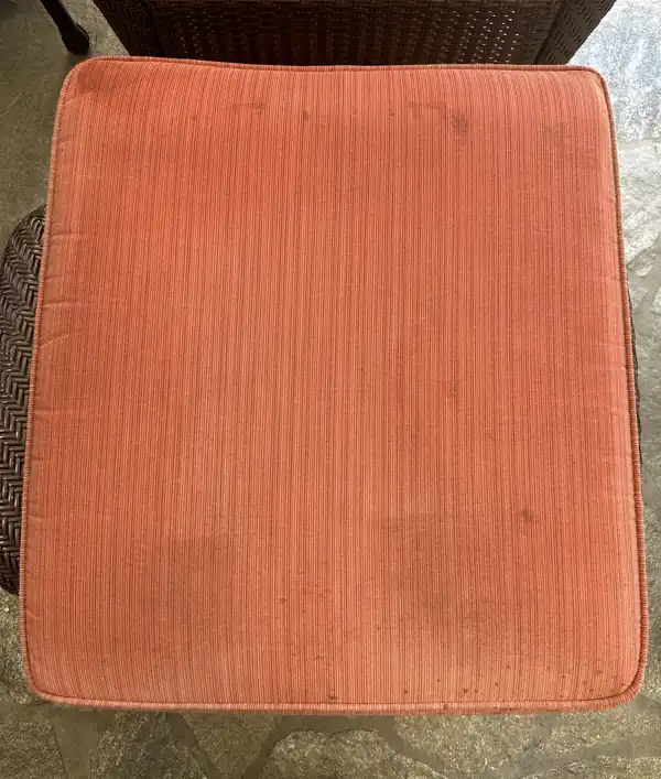Coral seat cushion on a wicker chair with dark spotting across the fabric